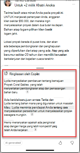 Ringkasan email dari Copilot di iOS dan Android