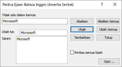 Cuplikan layar kotak dialog Periksa ejaan di Publisher