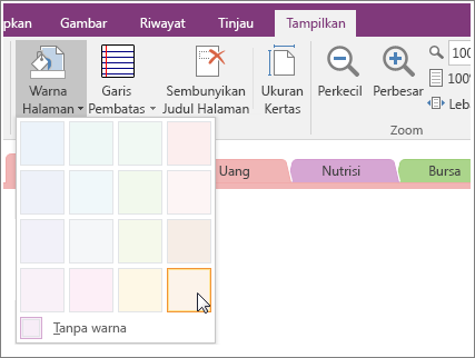 Cuplikan layar tombol Warna Halaman di OneNote 2016.