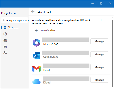 Cuplikan layar jendela Pengaturan memperlihatkan opsi untuk Mengelola akun di Outlook baru