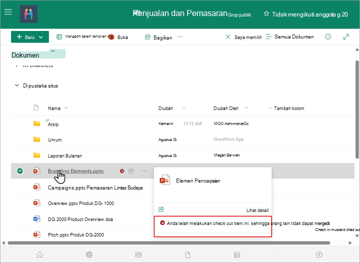 Anda bisa melihat siapa yang melakukan check out file di pustaka dengan mengarahkan ke nama file dengan mouse Anda.