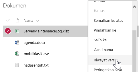 Menu klik kanan pustaka dokumen dengan riwayat versi yang disorot