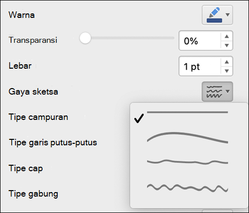 Opsi format garis di Mac dengan gaya Sketsa dipilih