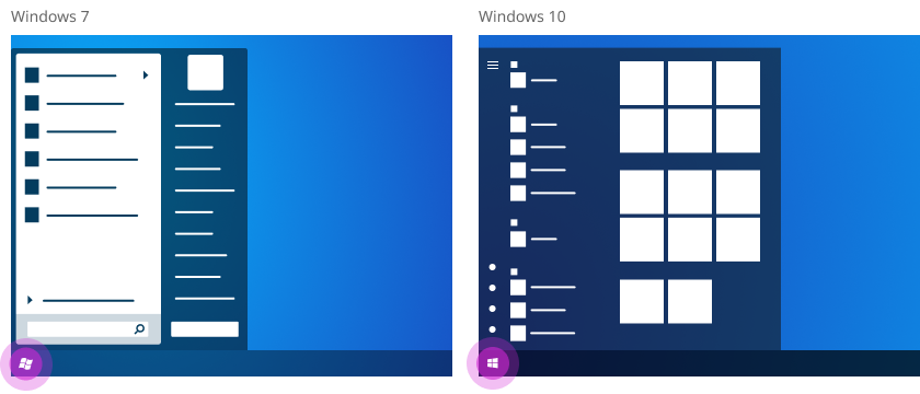 Perbandingan tombol Mulai pada tombol Mulai di Windows 7 dan Windows 10.