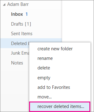 Jalur ke menu untuk mengakses kotak dialog Pulihkan item terhapus di Outlook Web App
