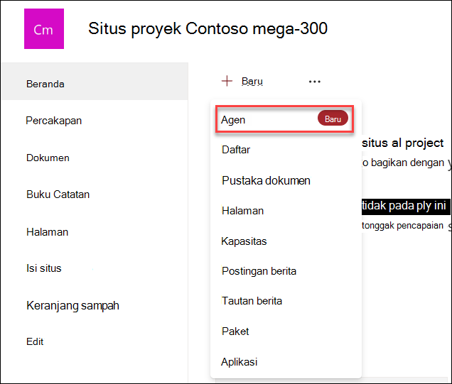 Cuplikan layar membuat agen kopilot baru dari laman situs