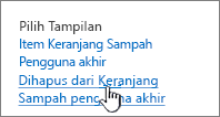 Keranjang sampah SharePoint 2013 dengan Hapus Dari Pengguna disorot