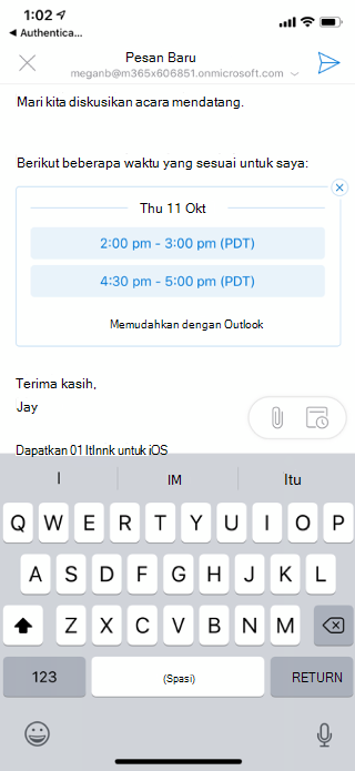 Memperlihatkan layar iOS dengan waktu yang tersedia dalam draf email di sudut kiri atas, terdapat tombol "X".