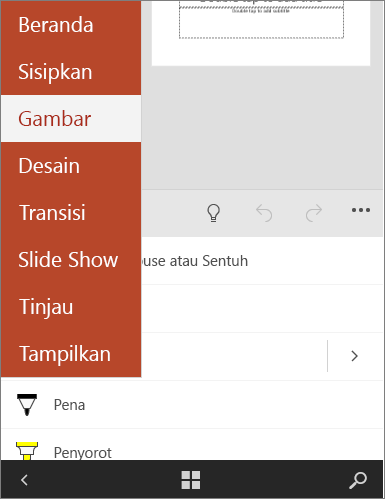 Memperlihatkan tab Gambar yang dipilih di Office Mobile.