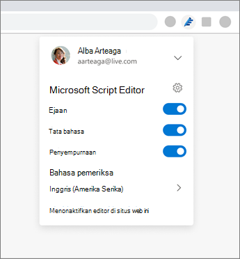 ekstensi Microsoft Editor memperlihatkan menu menurun dari browser dengan pengaturan untuk mengaktifkan dan menonaktifkan opsi