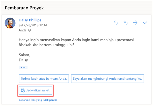 Cuplikan layar balasan yang disarankan untuk menjadwalkan rapat