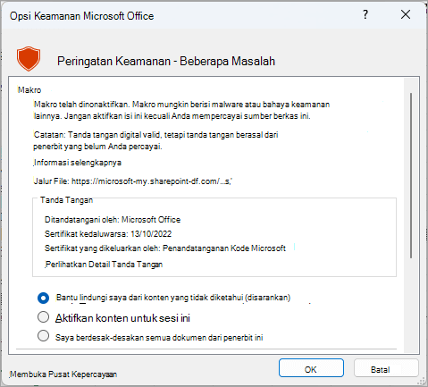 Dialog pemberitahuan keamanan dari Microsoft Excel