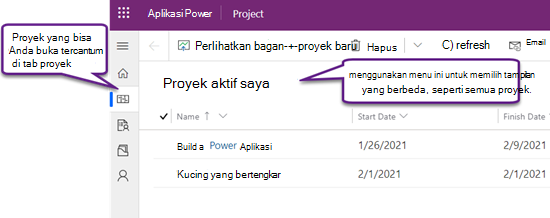 Tab proyek di Project Power App, menampilkan tampilan proyek aktif saya