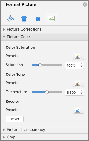 Menyesuaikan pengaturan saturasi warna di panel Format Gambar