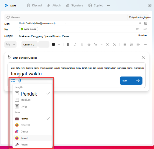 Opsi panjang dan nada untuk dipilih saat menyusun draf email di Outlook dengan Copilot