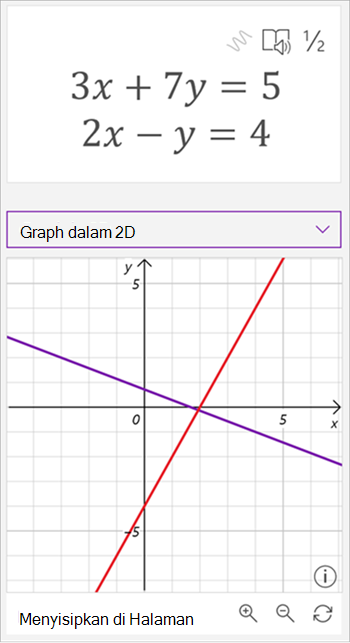 cuplikan layar asisten matematika yang dihasilkan grafik yang memperlihatkan persamaan 3 x plus 7 y sama dengan 5 dan 2 x minus y sama dengan 4. grafik memperlihatkan dua garis yang berpotongan, satu berwarna ungu dan satu merah.