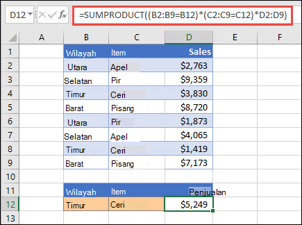 Ujian menggunakan SUMPRODUCT untuk mengembalikan jumlah item menurut wilayah. Dalam hal ini, jumlah ceri yang dijual di kawasan Timur.