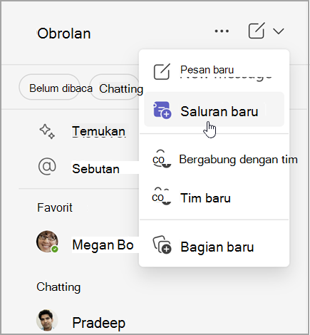 Cuplikan layar obrolan Microsoft Teams dengan opsi untuk membuat pesan baru, saluran baru, atau tim baru. Ini juga memiliki opsi untuk bergabung dengan tim, atau membuat bagian baru.