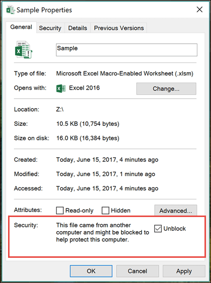 Klik kanan file Anda di Windows Explorer untuk membuka blokir makro.