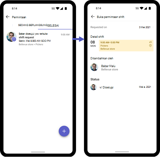 Cuplikan layar pemberitahuan dan permintaan shift terbuka pekerja yang disetujui oleh manajer di perangkat seluler.
