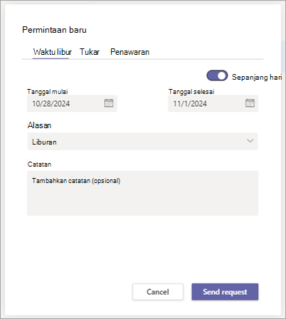 Dialog Permintaan baru di Shifts, memperlihatkan tab Waktu nonaktif untuk meminta waktu libur.