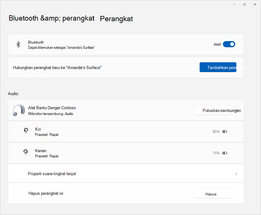 Cuplikan layar Pengaturan > perangkat & Bluetooth memperlihatkan detail alat bantu dengar.