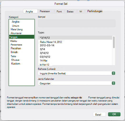 Kotak dialog format tanggal