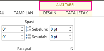 Gambar perintah Alat Tabel yang muncul di bagian atas pita saat Anda mengklik di mana saja dalam tabel.