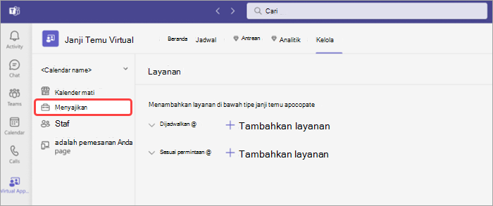 Cuplikan layar Layanan di tab Kelola untuk Janji Temu Virtual