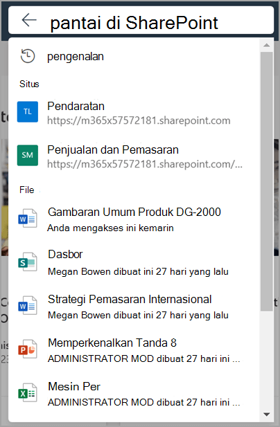 Kotak pencarian Microsoft SharePoint dengan daftar menurun yang diperluas saat fokus berada di kotak pencarian.