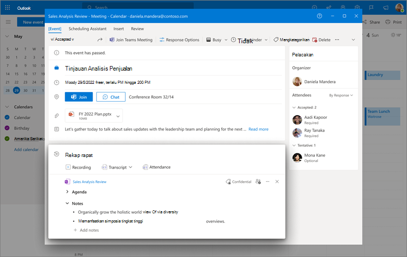 Gambar memperlihatkan rekap rapat di kalender Outlook
