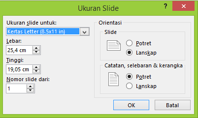 Anda dapat menentukan pengaturan untuk slide Anda di kotak dialog Ukuran Slide.