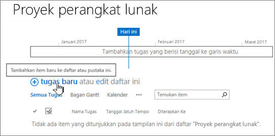 Garis waktu tugas, klik baru + untuk menambahkan tugas