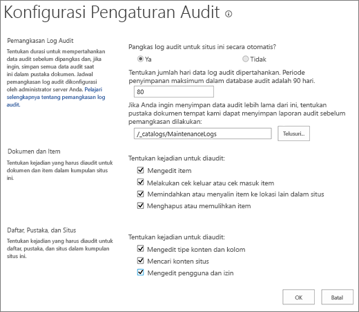 Layar pengaturan audit kumpulan situs