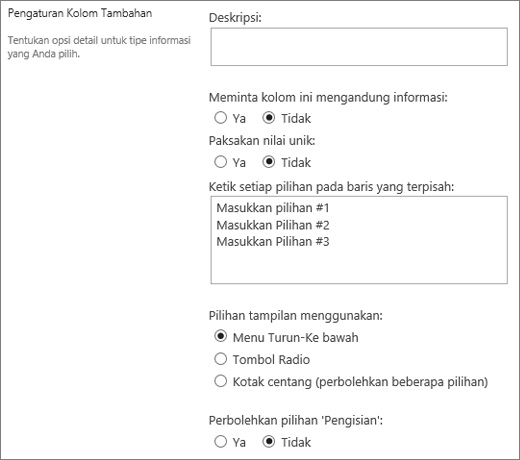 Opsi untuk kolom Pilihan