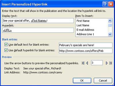 Gambar kotak dialog Sisipkan Hyperlink yang Dipersonalisasi