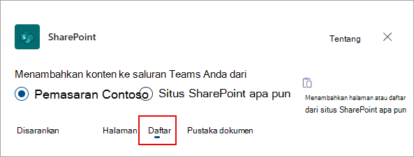 Pilih Lists untuk menambahkan daftar ke saluran Teams Anda.