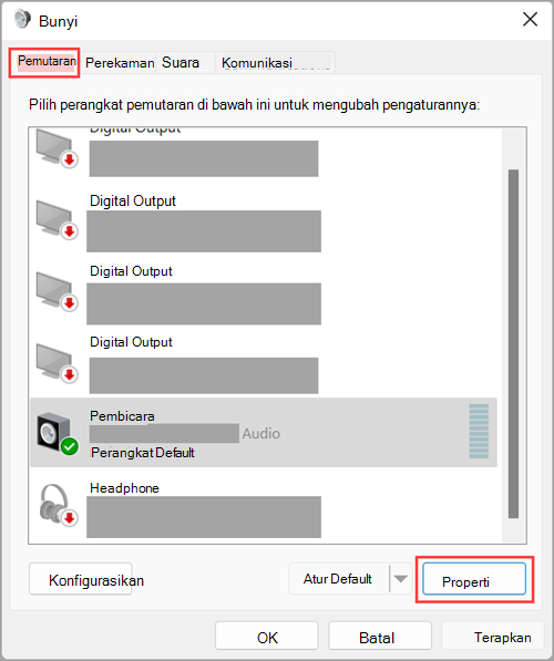 Akses properti perangkat output audio di Pengaturan Suara Windows 11.