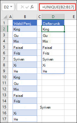 Fungsi UNIQUE yang digunakan untuk mengurutkan daftar nama