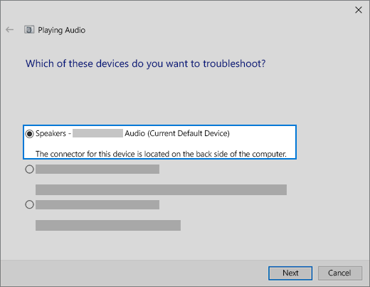 memilih perangkat di pemecah masalah audio