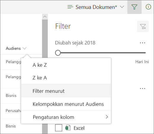 Klik Filter menurut untuk membuka panel filter
