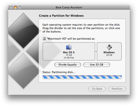partition for a windows install on mac