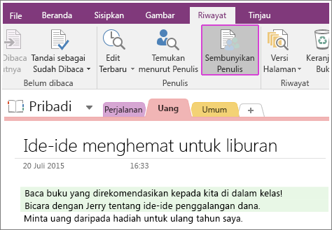 Cuplikan layar tombol Sembunyikan Penulis di OneNote 2016.