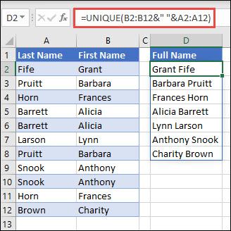 Menggunakan UNIQUE dengan beberapa rentang untuk menggabungkan kolom Nama Depan/Nama Belakang ke dalam Nama Lengkap.
