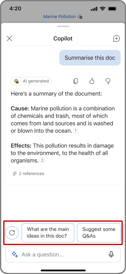 Cuplikan layar Copilot di Word pada perangkat iOS yang menampilkan hasil ringkasan dan saran pertanyaan yang disorot