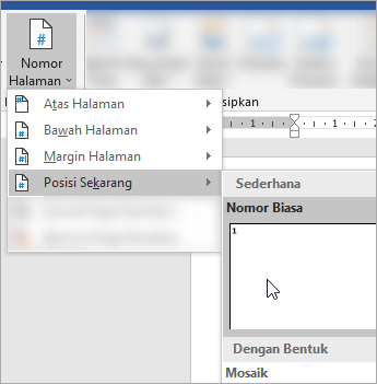Cuplikan layar yang memperlihatkan memilih Nomor halaman format biasa pada posisi saat ini dalam dokumen