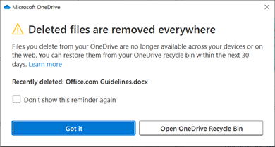 Pemberitahuan untuk file yang dihapus dari OneDrive.