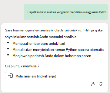 Cuplikan layar memperlihatkan perintah memulai analisis tingkat lanjut dengan Copilot di Excel dengan Python.