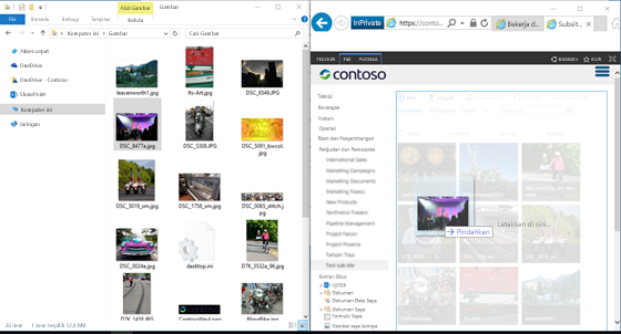 Cuplikan layar SharePoint dan Windows Explorer berdampingan menggunakan tombol Windows dan tombol panah.