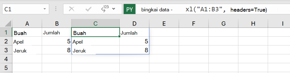 Python di Excel DataFrame dikembalikan sebagai nilai Excel.